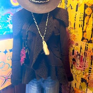 RINASCIMENTO Italian brown faux fur and fleece asymmetrical jacket